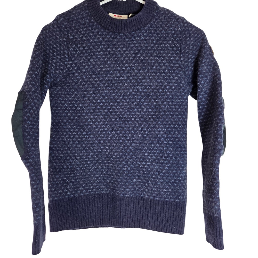 Fjallraven Ovik Wool Sweater Womens Small Navy Blue Elbow Patches Nordic